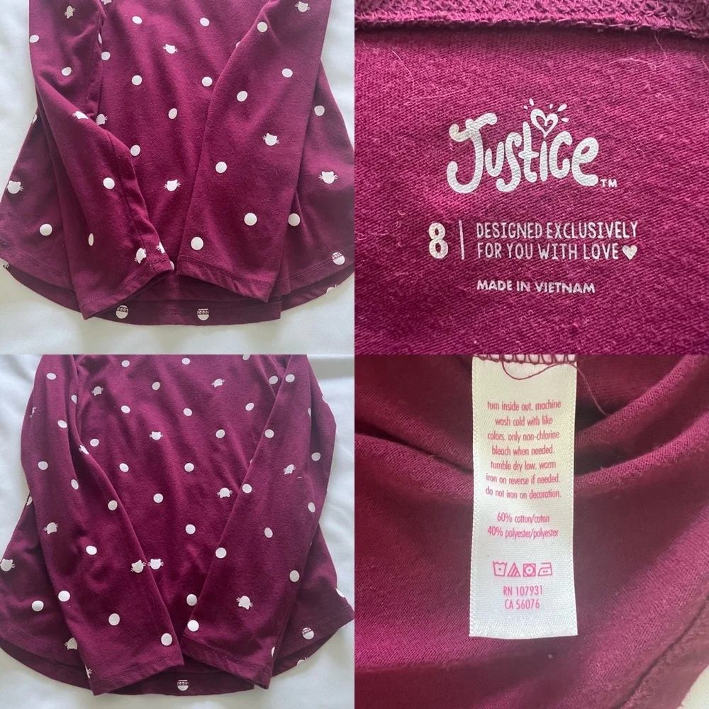 Justice Long Sleeve Tee Maroon Cat polka‎ dot Size 8